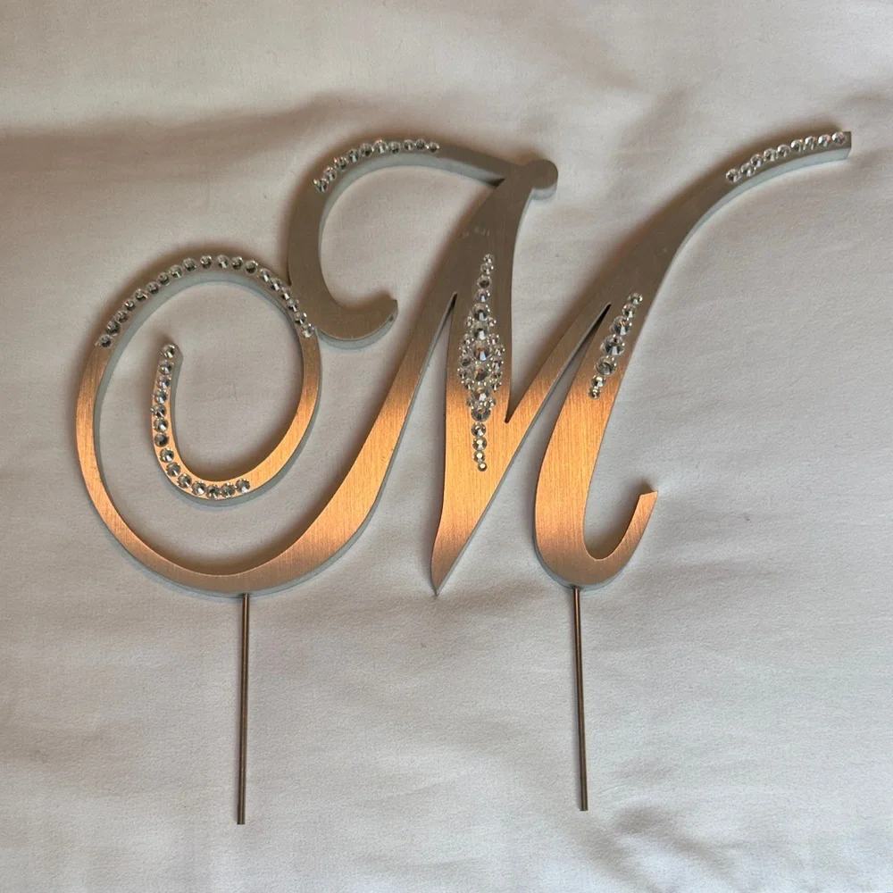 Elegant Silver 'M' Cake Topper with Rhinestones